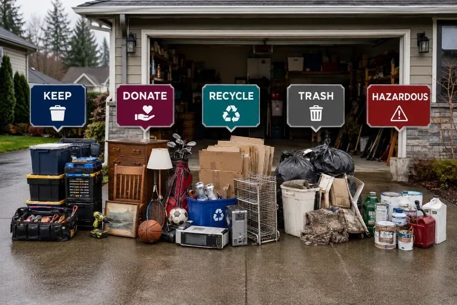 Garage floor with keep, donate, and junk piles sorted before a move