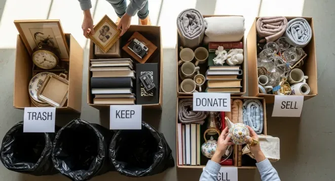 Bedroom with three sorted piles: keep, donate, and haul away