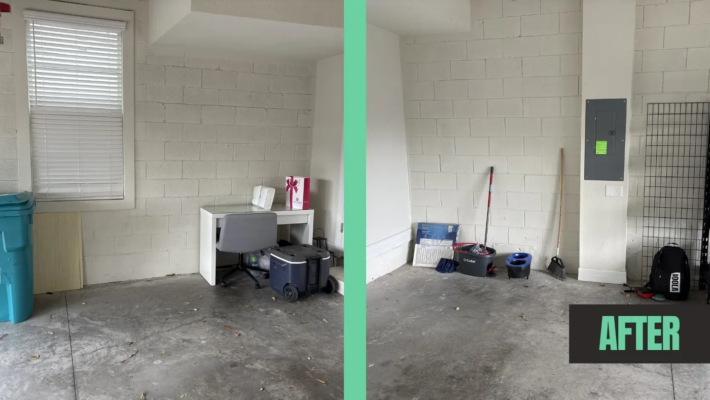 Clean empty two-car garage after a Bin Bandits cleanout