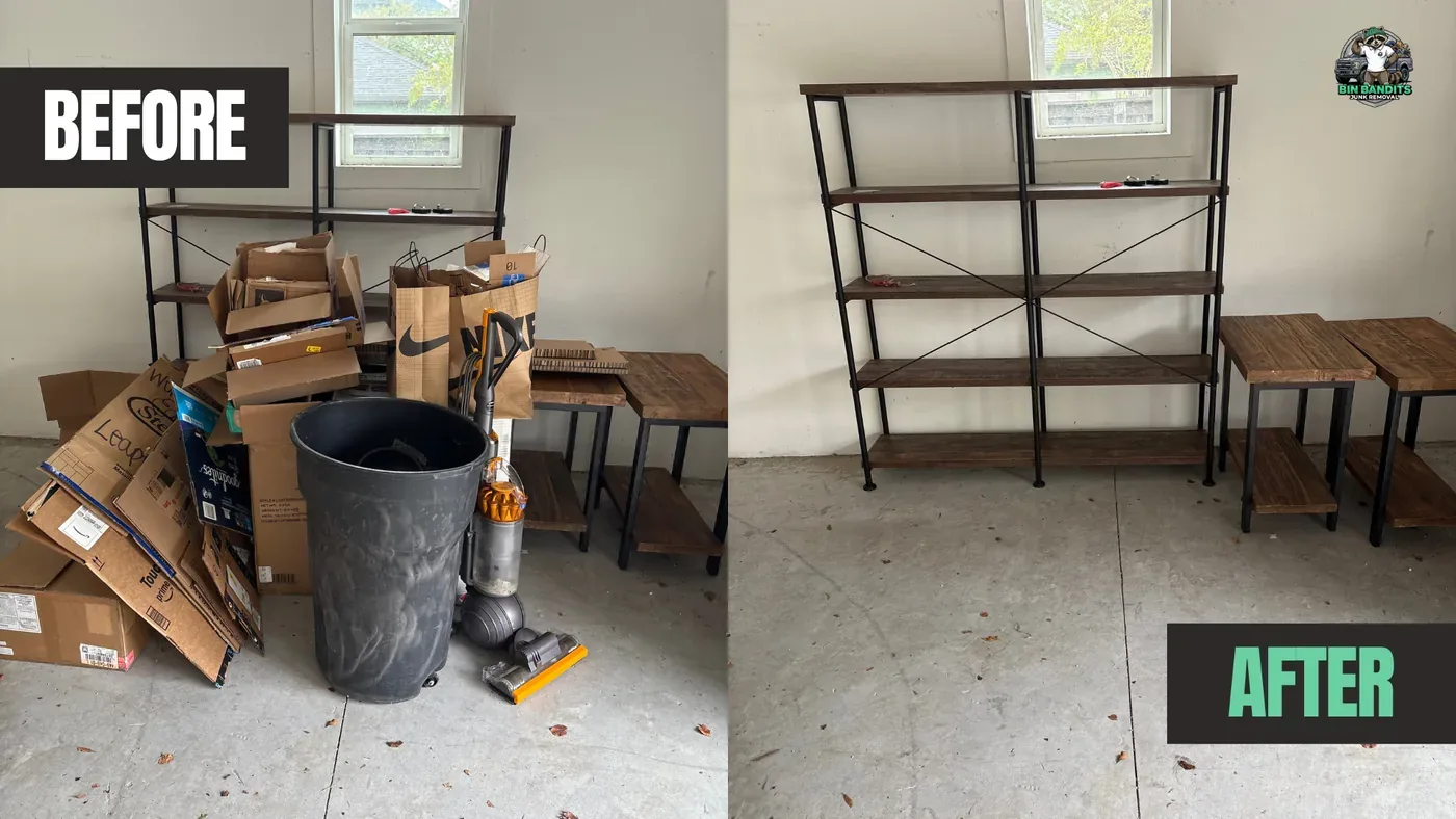 Bin Bandits crew performing a residential garage cleanout and junk removal service in Orlando Florida